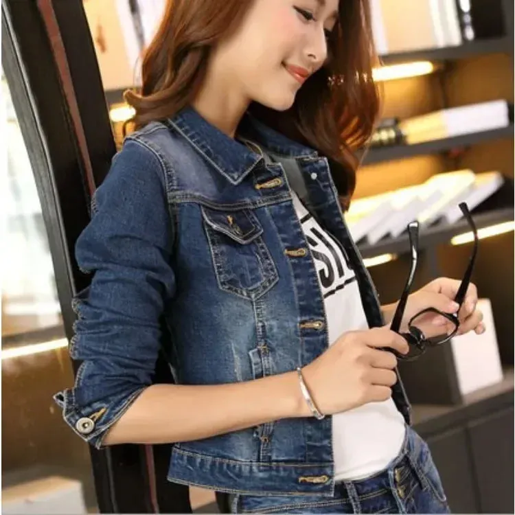 2023 Spring New Korean Style Slim Short Jacket Versatile Solid Color Long Sleeve Denim Jacket Women's Fashion