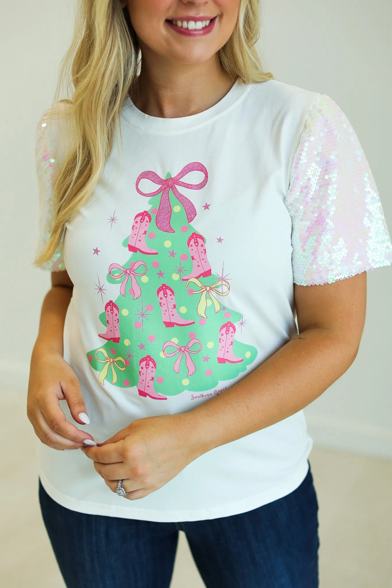 Christmas Tree on White T-Shirt with Velvet Sequin Sleeves