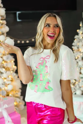 Christmas Tree on White T-Shirt with Velvet Sequin Sleeves