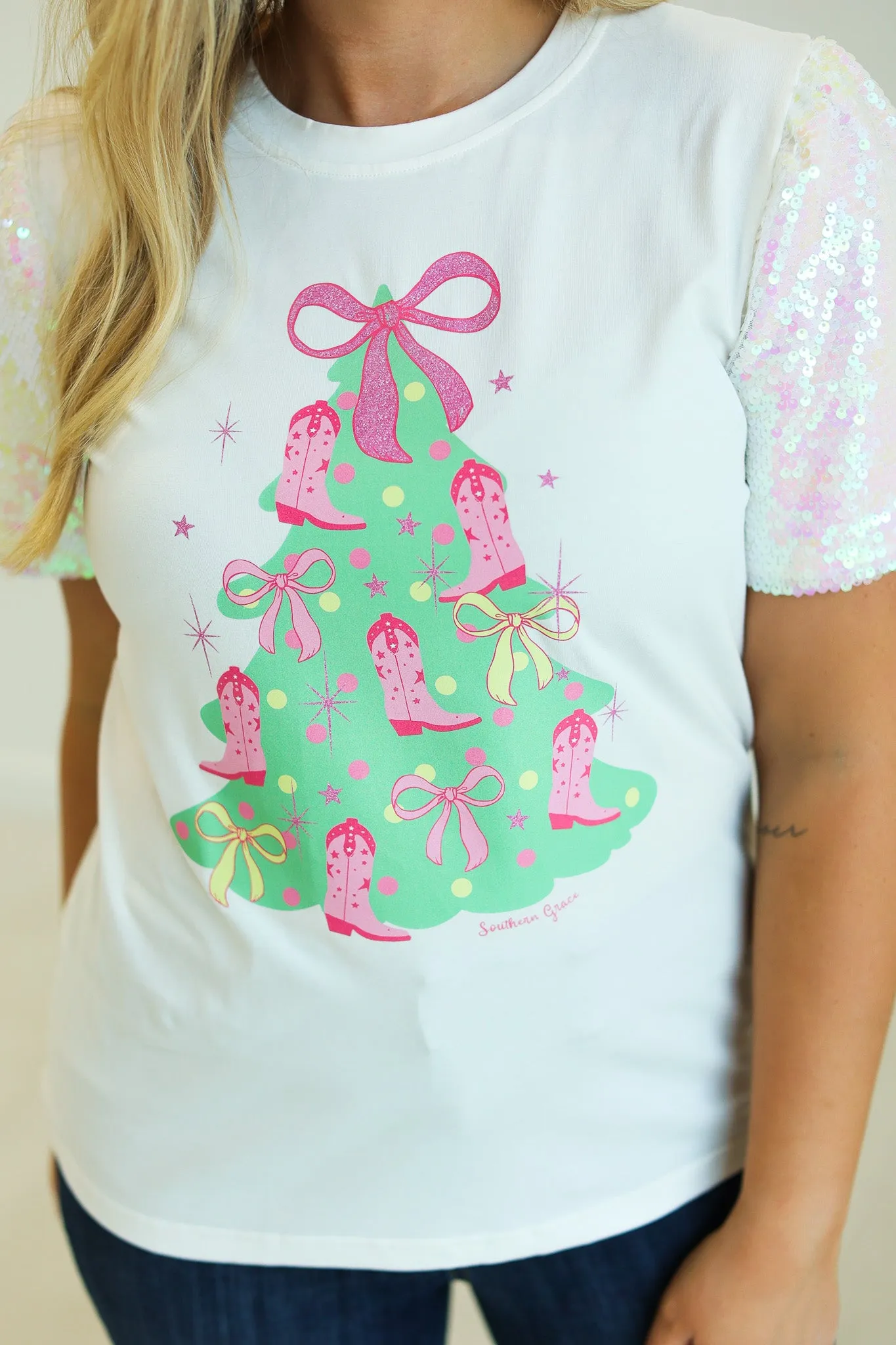 Christmas Tree on White T-Shirt with Velvet Sequin Sleeves