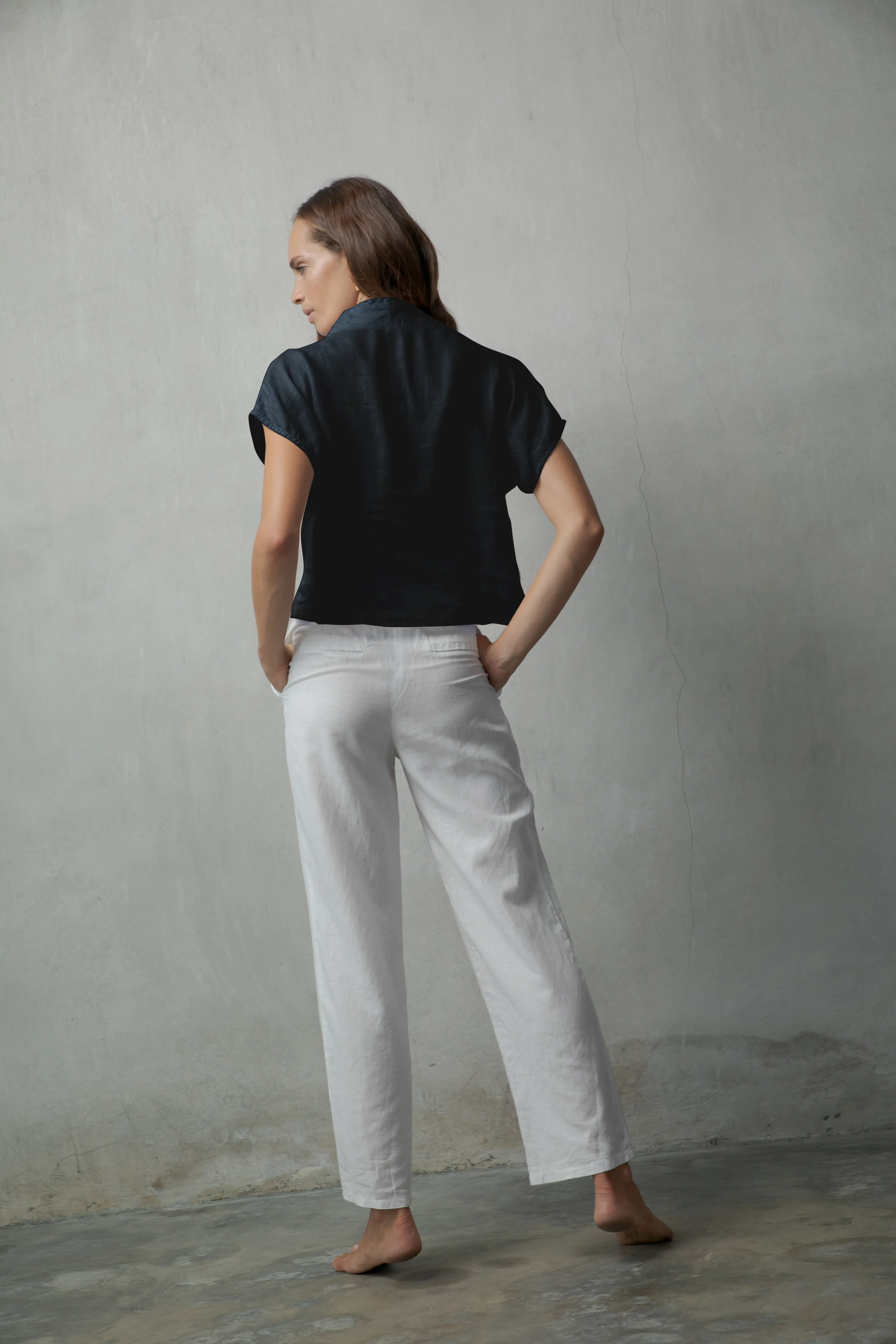 Collo Alto Linen Top Navy