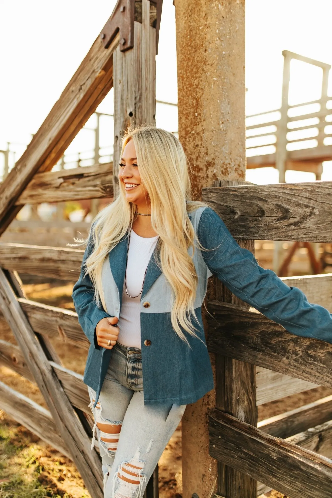 Color Block Denim Button Blazer