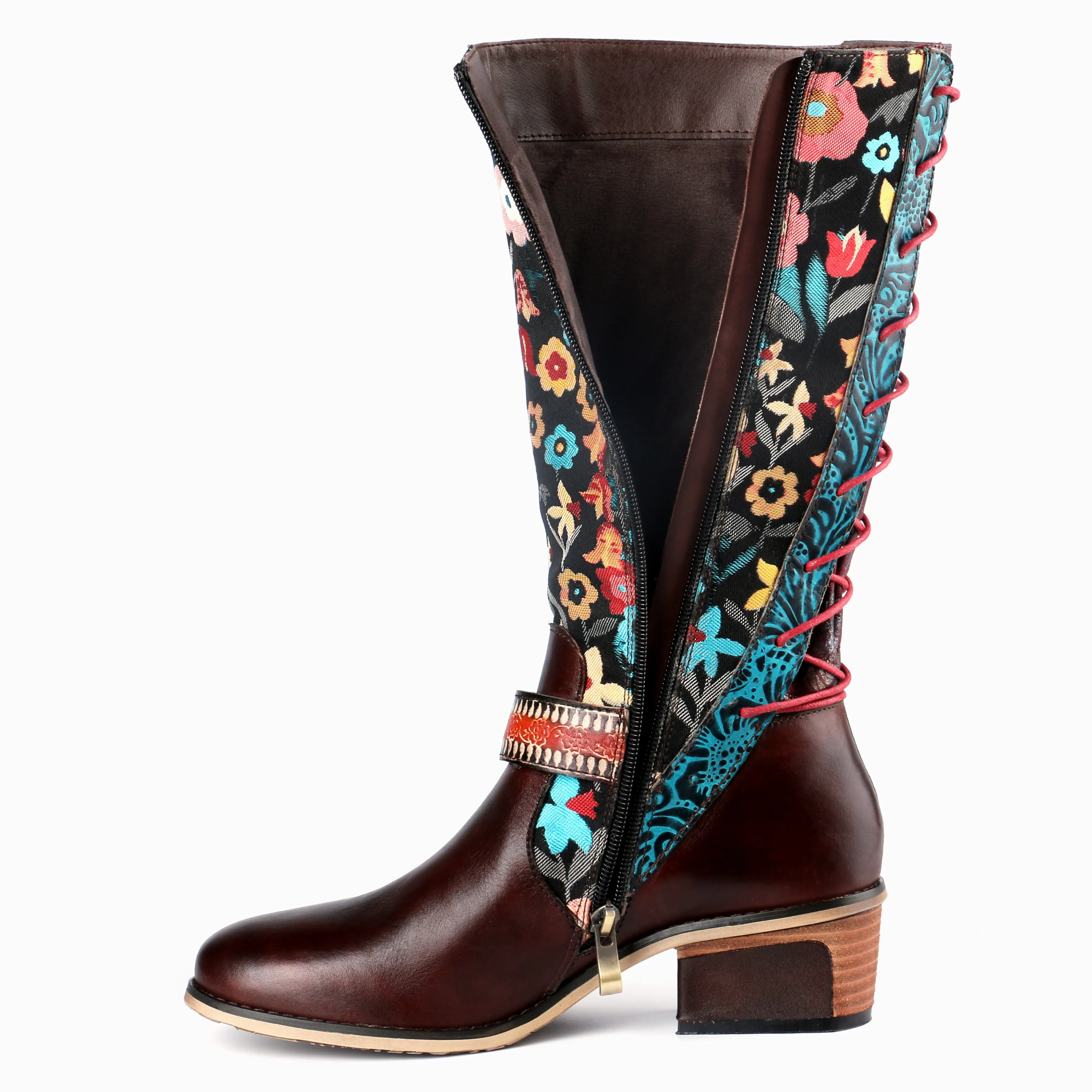 CrazycatZ Womens Leather Bohemian Knee High Boots Floral Patterned Long Boots