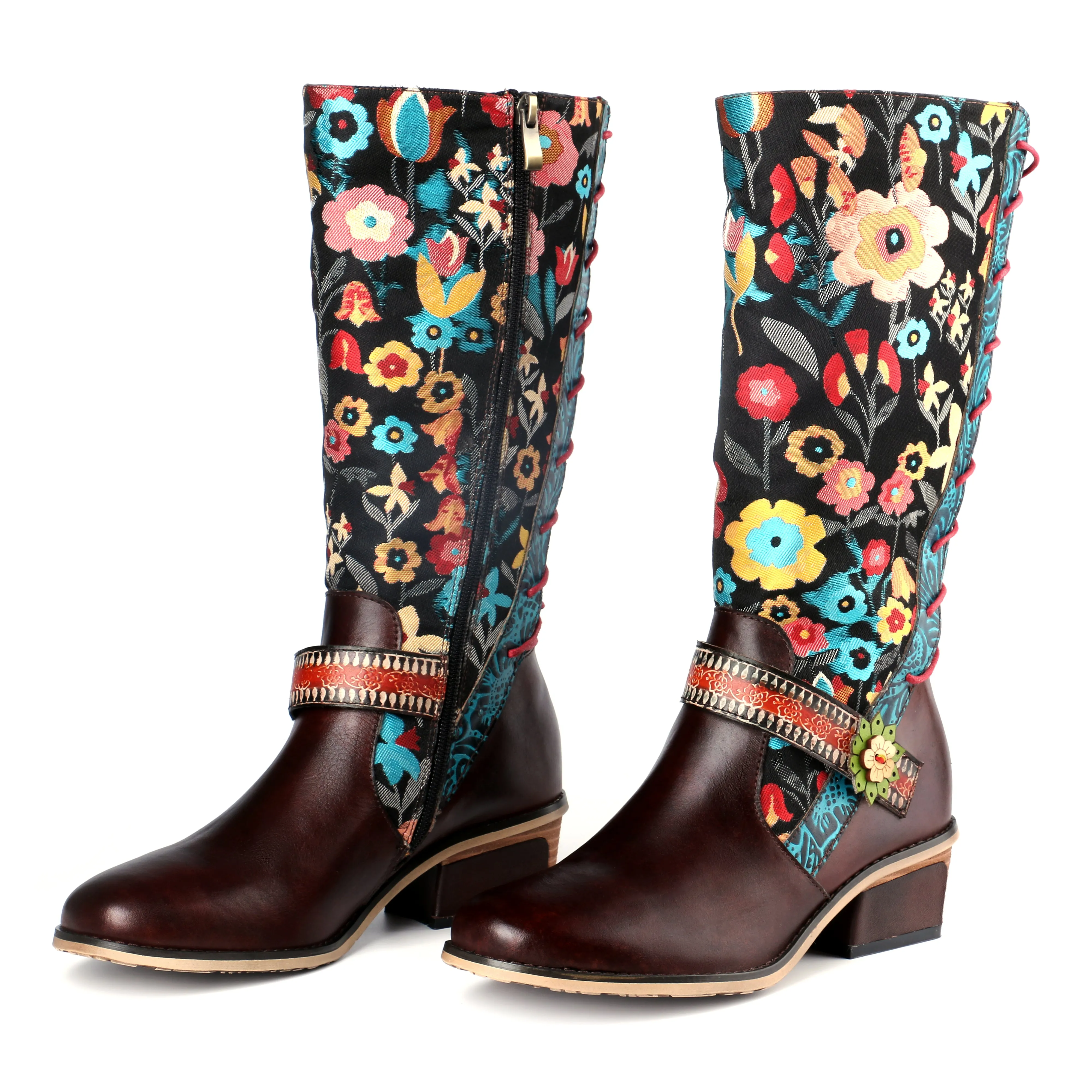 CrazycatZ Womens Leather Bohemian Knee High Boots Floral Patterned Long Boots