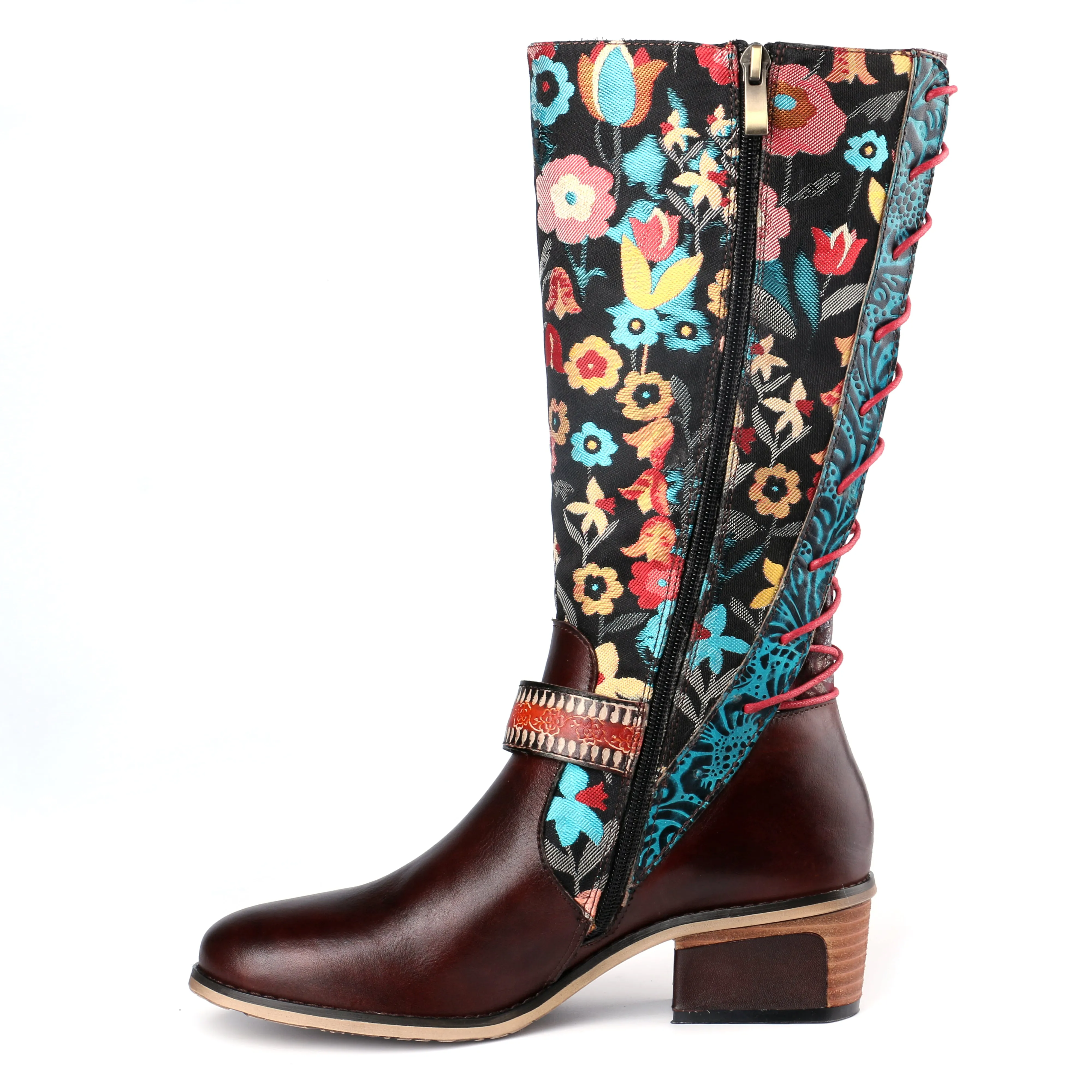 CrazycatZ Womens Leather Bohemian Knee High Boots Floral Patterned Long Boots