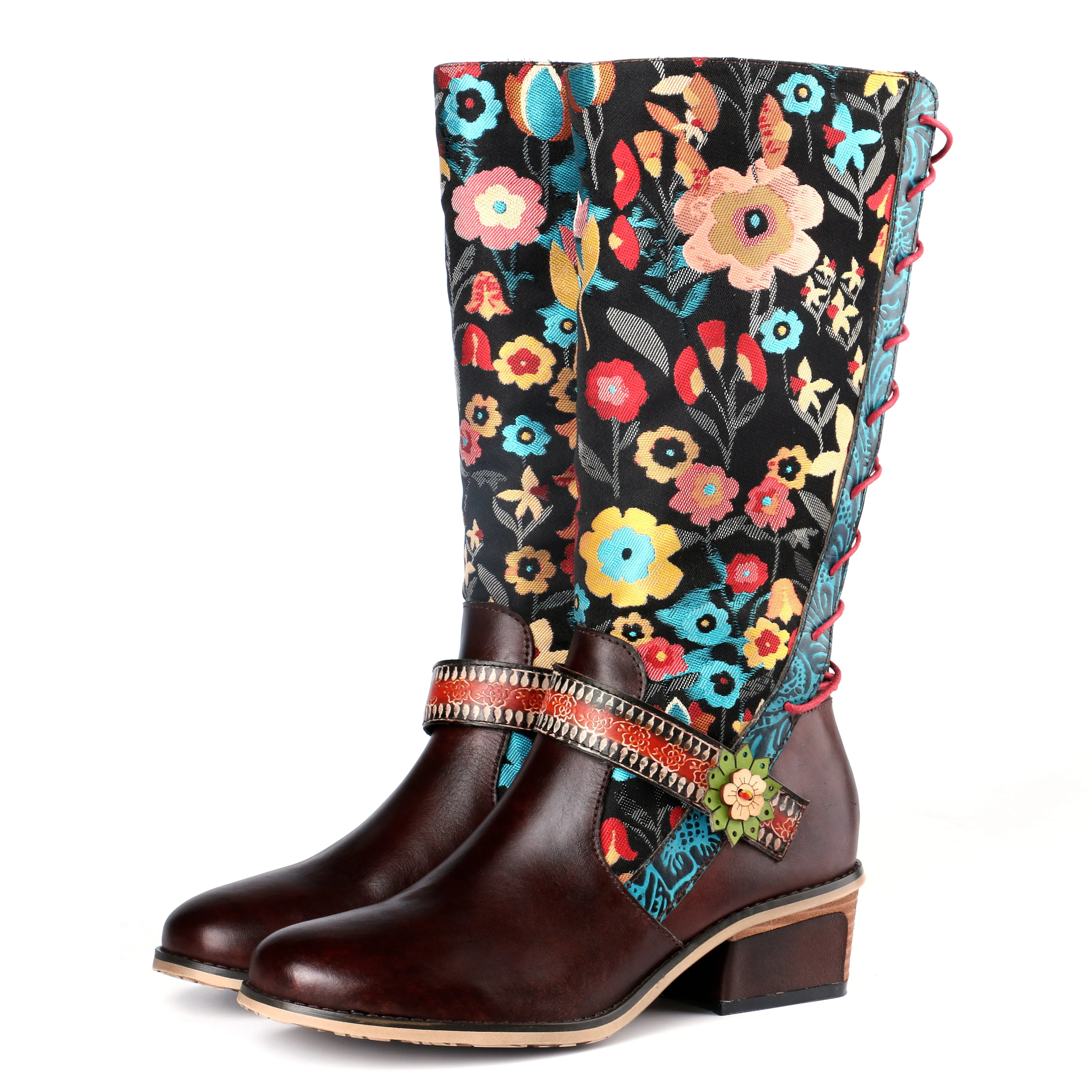 CrazycatZ Womens Leather Bohemian Knee High Boots Floral Patterned Long Boots