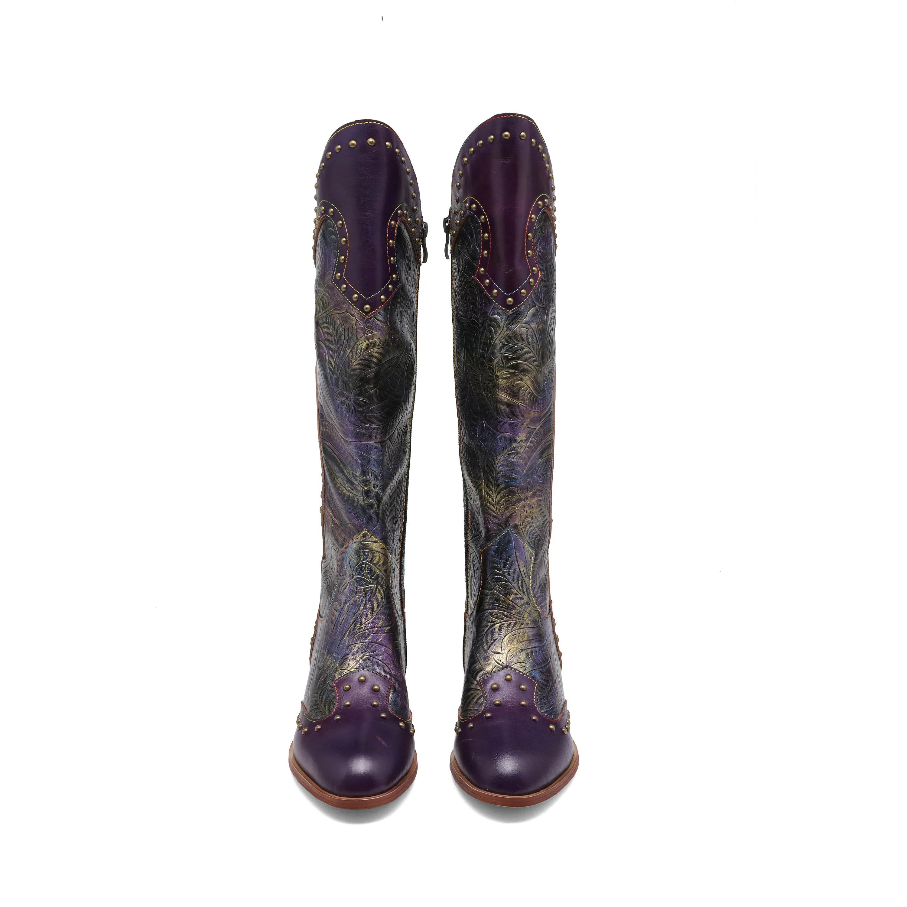 CrazycatZ Womens Leather  Knee High Boots Patterned Long Boots Vintage Boots Studded Western Boots Purple