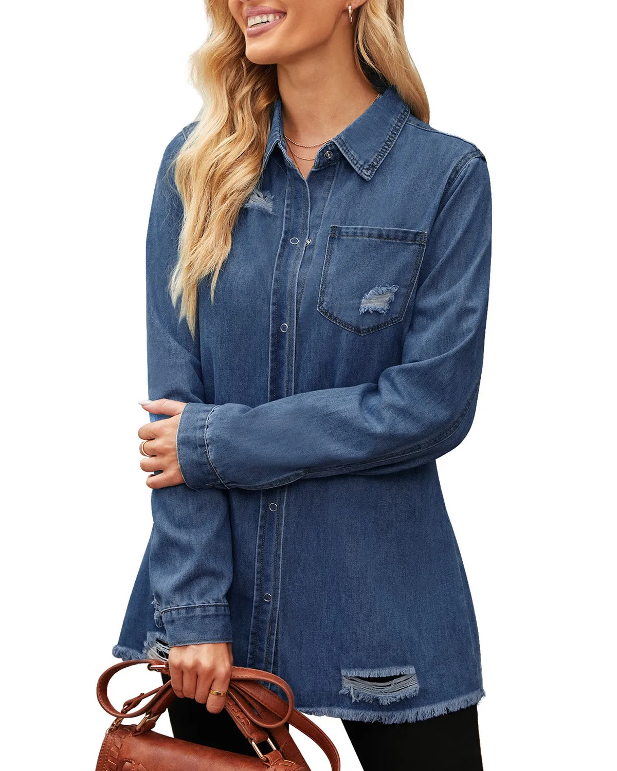 Dark Blue Frayed Hem Distressed Button-Down Denim Jacket