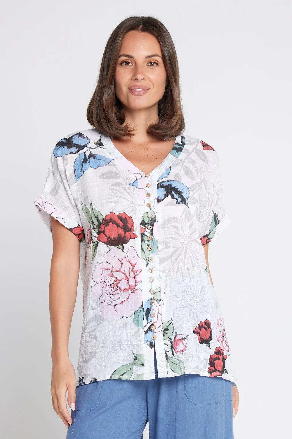 Gemma Linen & Cotton Top - White Floral