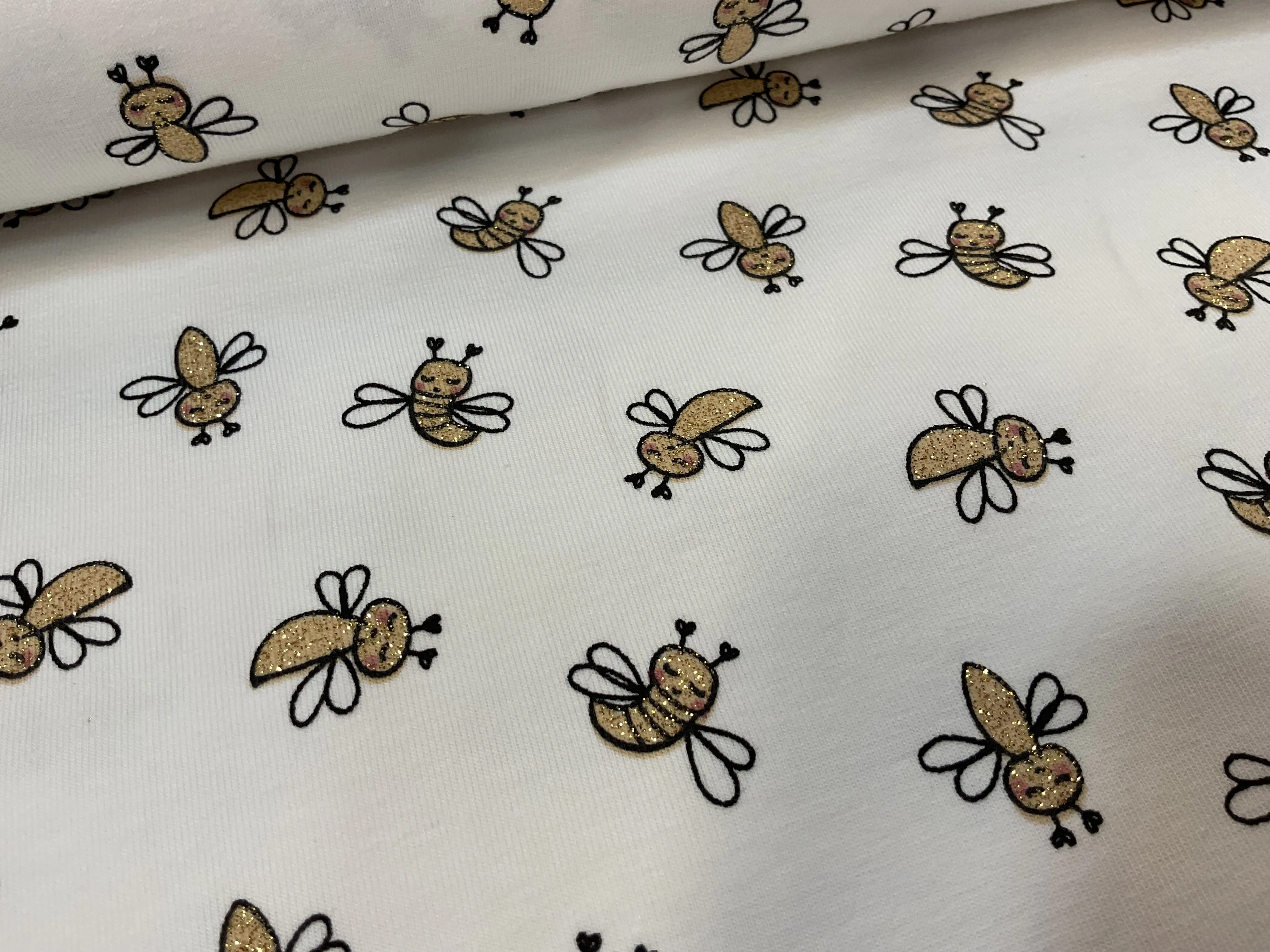 Glitter Bees on White Cotton Jersey