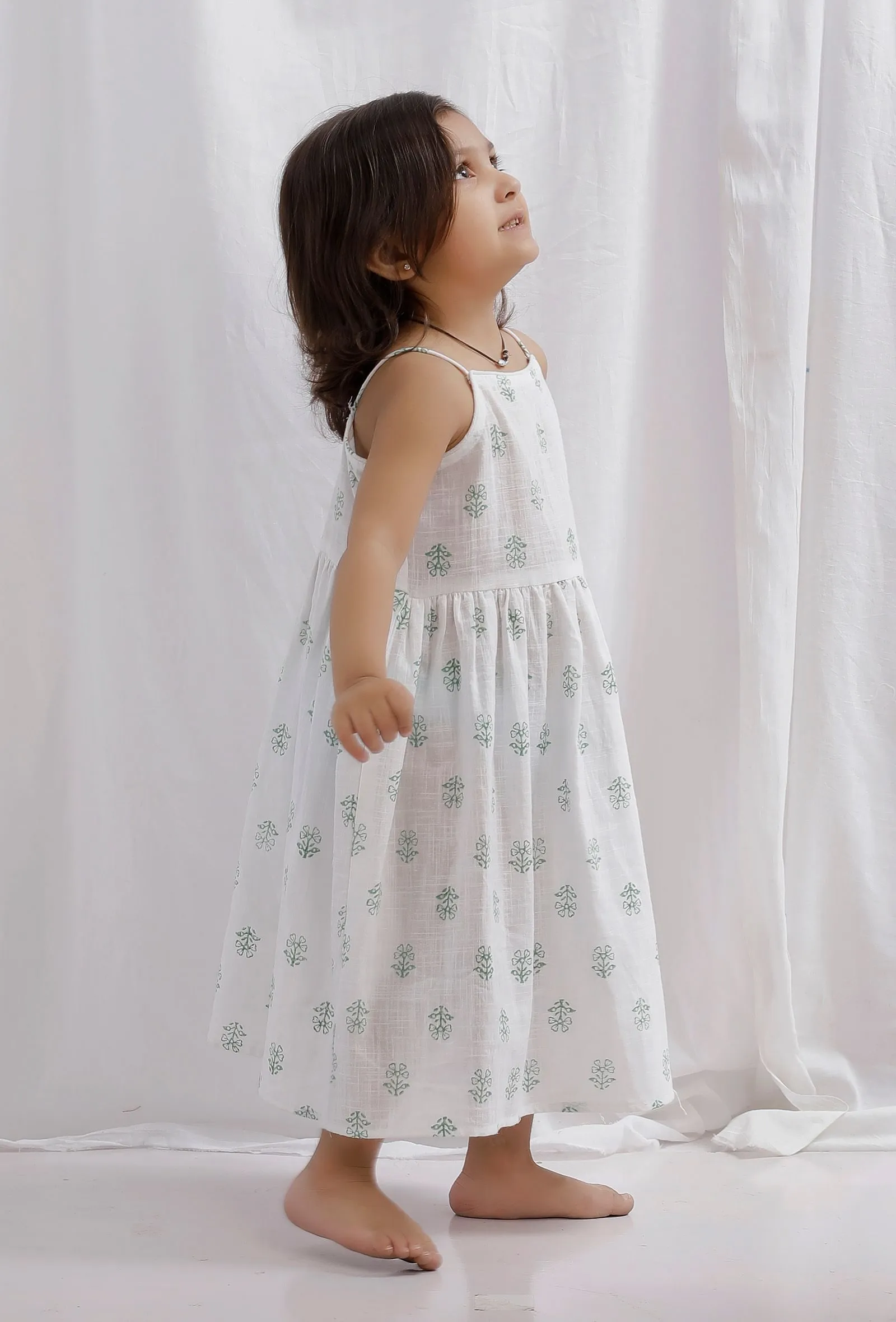 Green Block Printed Cotton Flared Dress