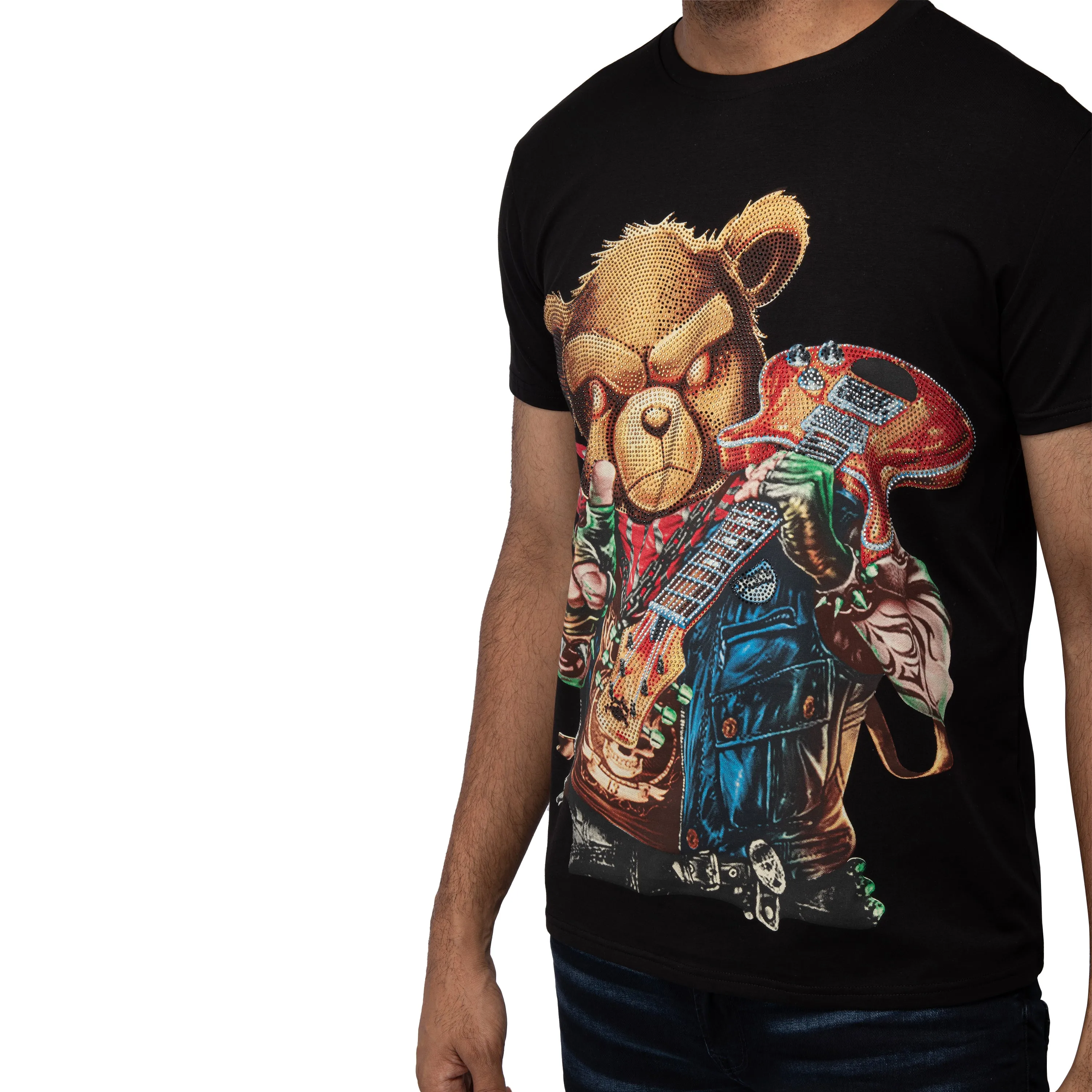 Heads or Tails Men's Guitar Pig Rhinestone Studded Graphic Printed T-Shirt