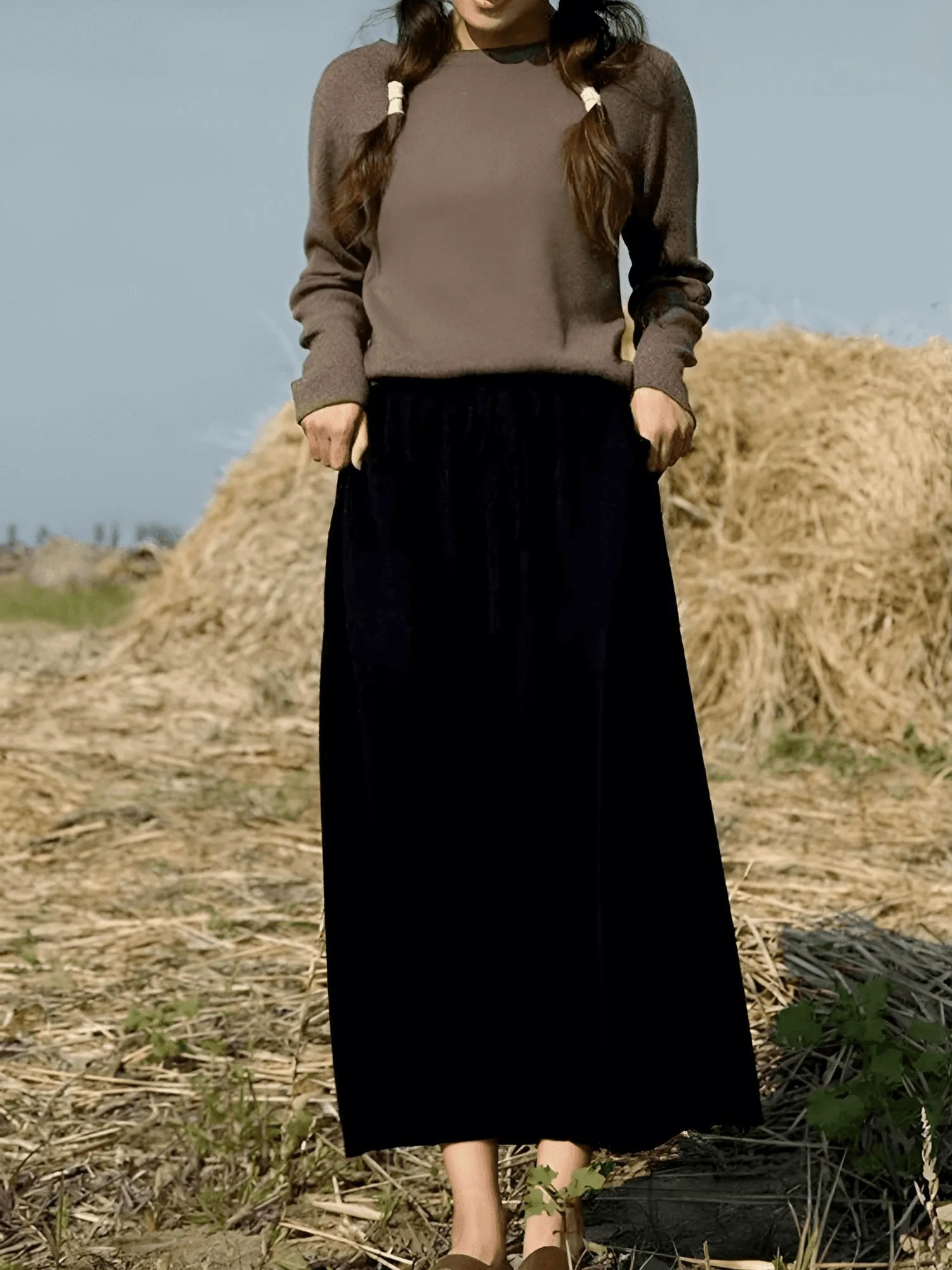 High Waist Cashmere Wool Long Skirt With Pockets