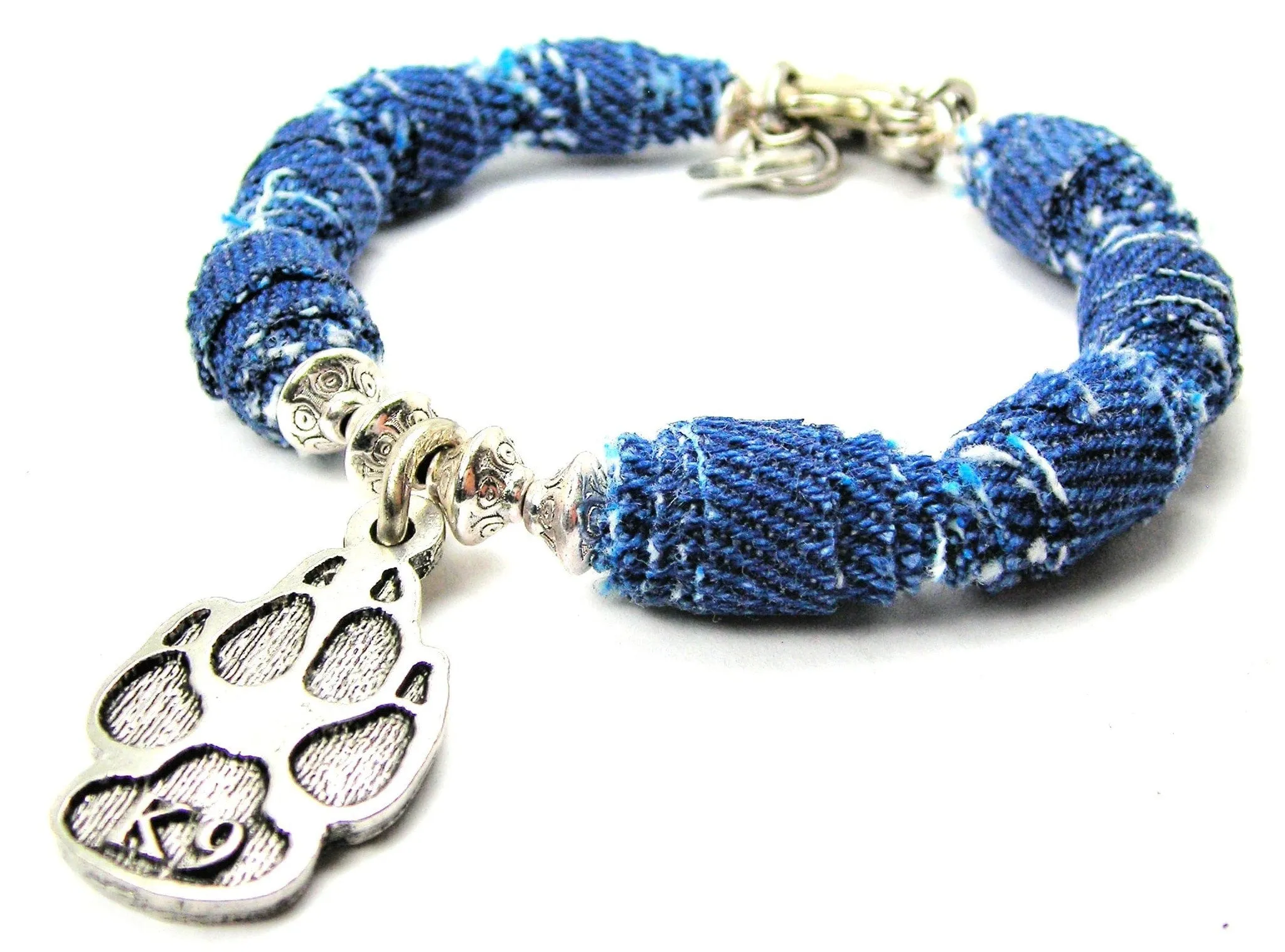 K9 Paw Print Blue Jean Beaded Toggle Bracelet