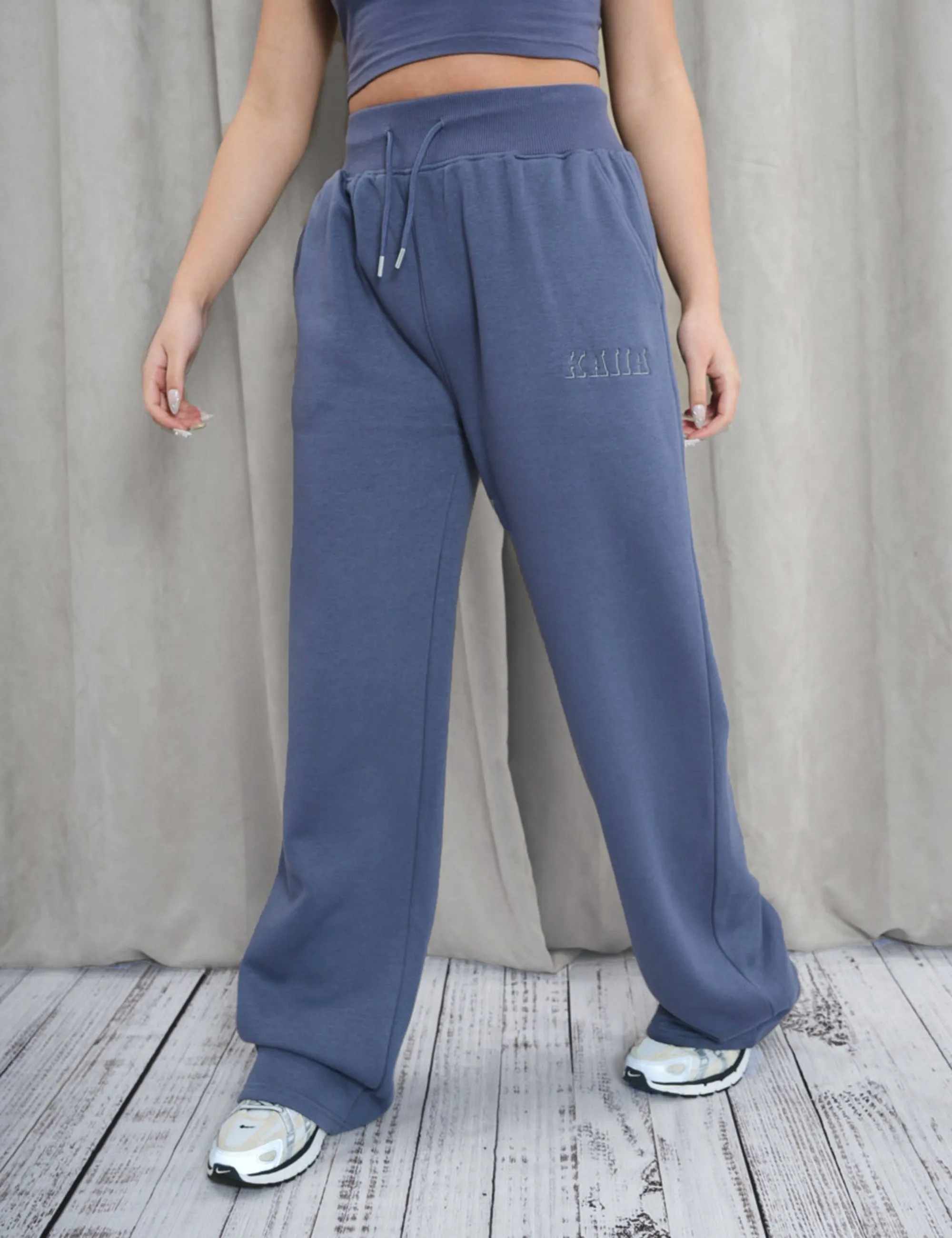 Kaiia Shadow Logo Ribbed Waistband Wide Leg Sweat Pants Slate Blue