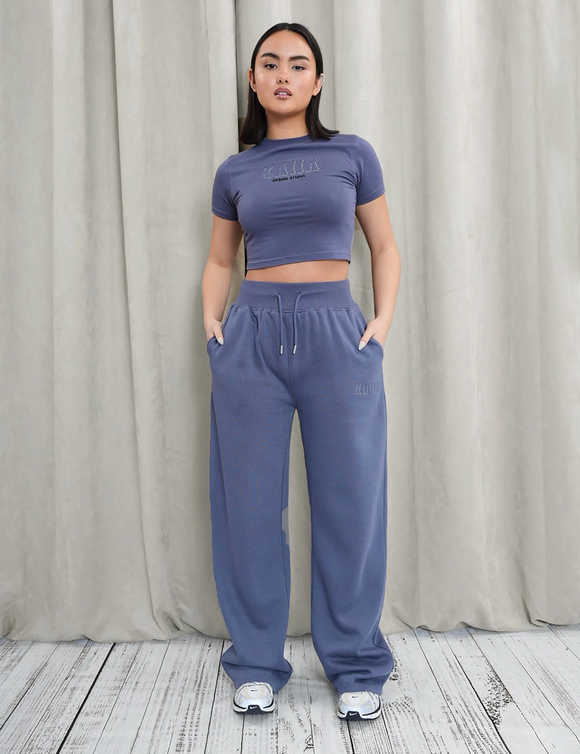 Kaiia Shadow Logo Ribbed Waistband Wide Leg Sweat Pants Slate Blue