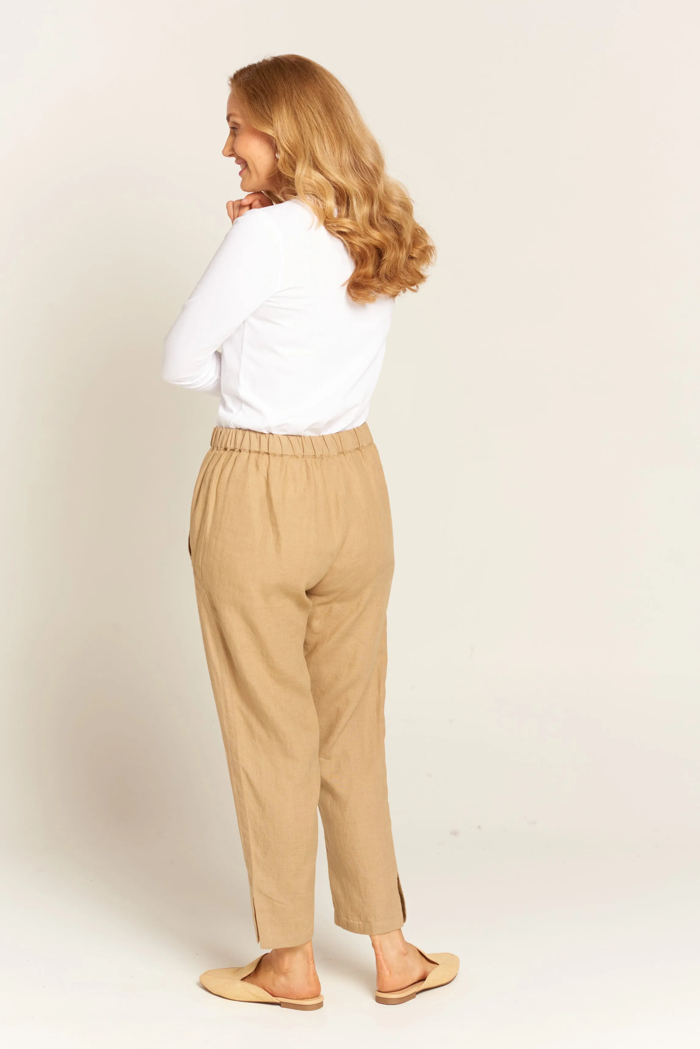 Linen Flat Front Tapered Pant Camel