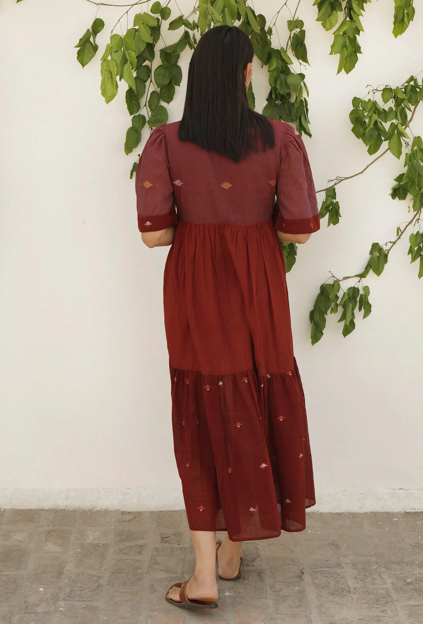 Maroon-Plum Jamdani Mulmul Cotton Tier Long Dress