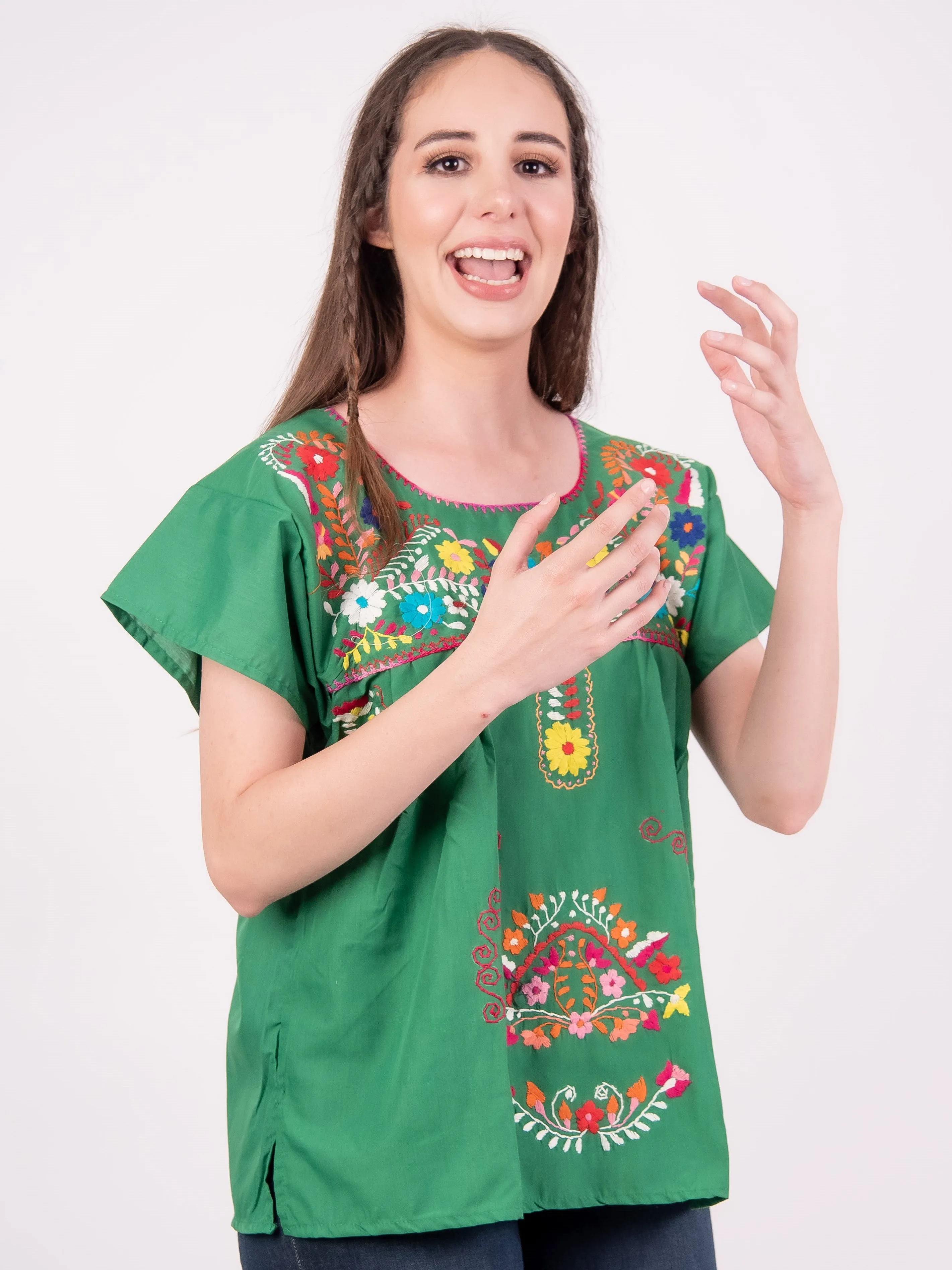 Mexican Tehuacan Full Embroidered Blouse Green