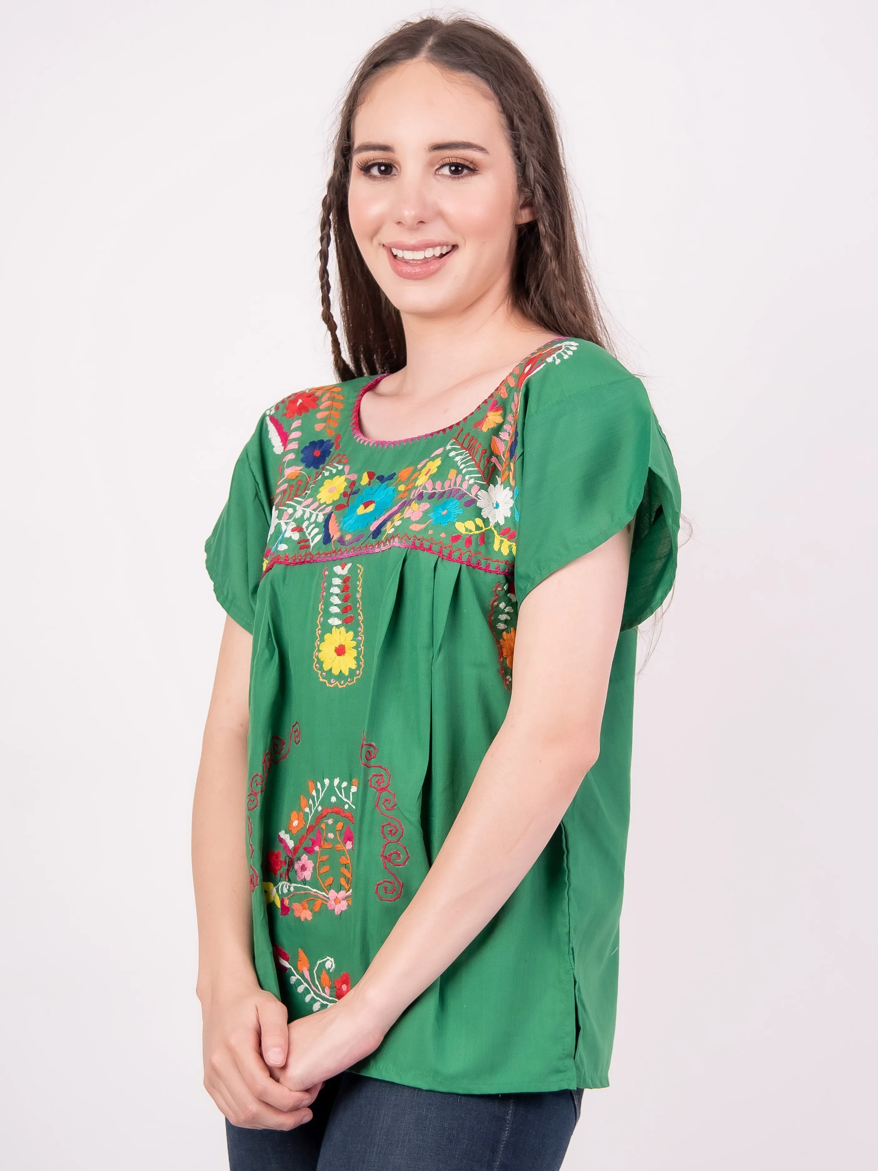 Mexican Tehuacan Full Embroidered Blouse Green