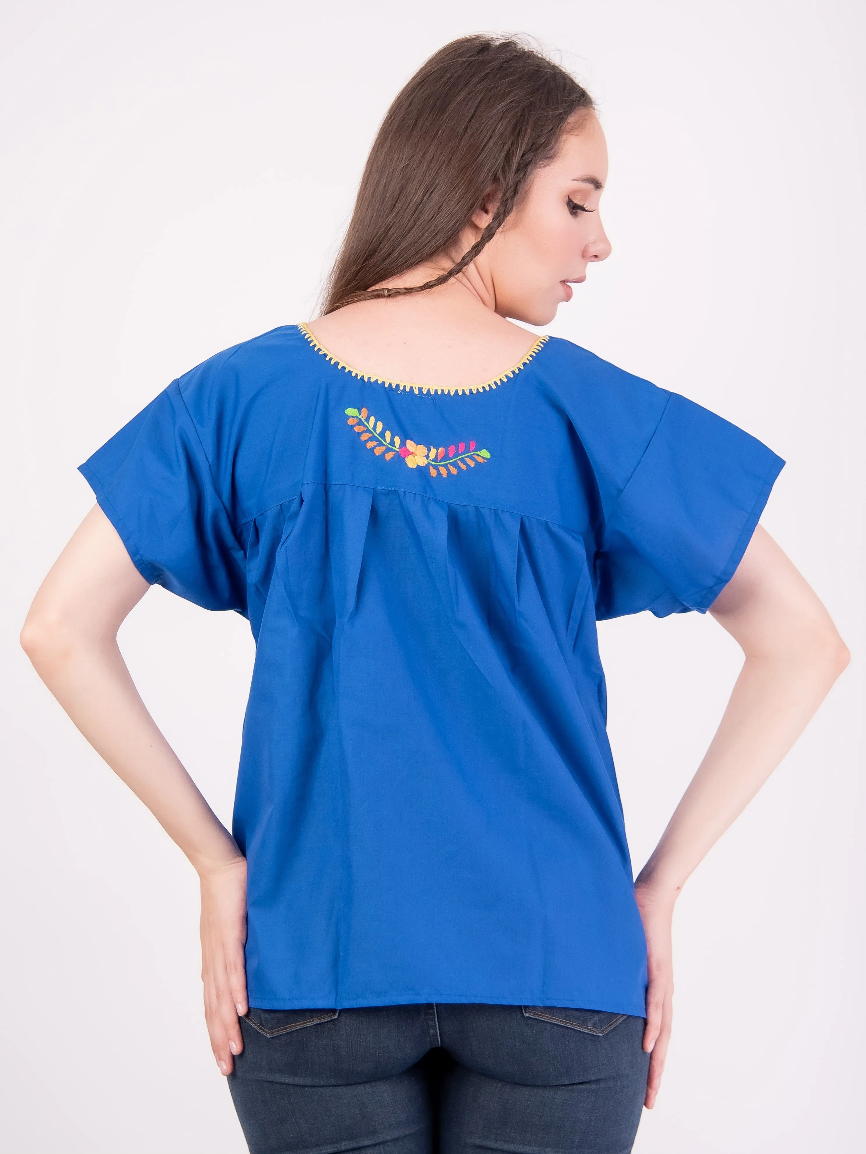 Mexican Tehuacan Full Embroidered Blouse Royal Blue