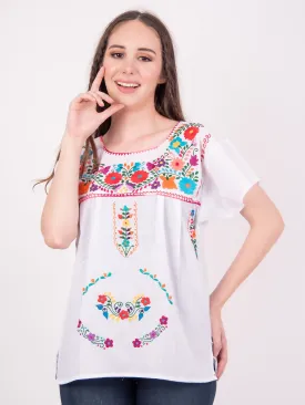 Mexican Tehuacan Full Embroidered Blouse White