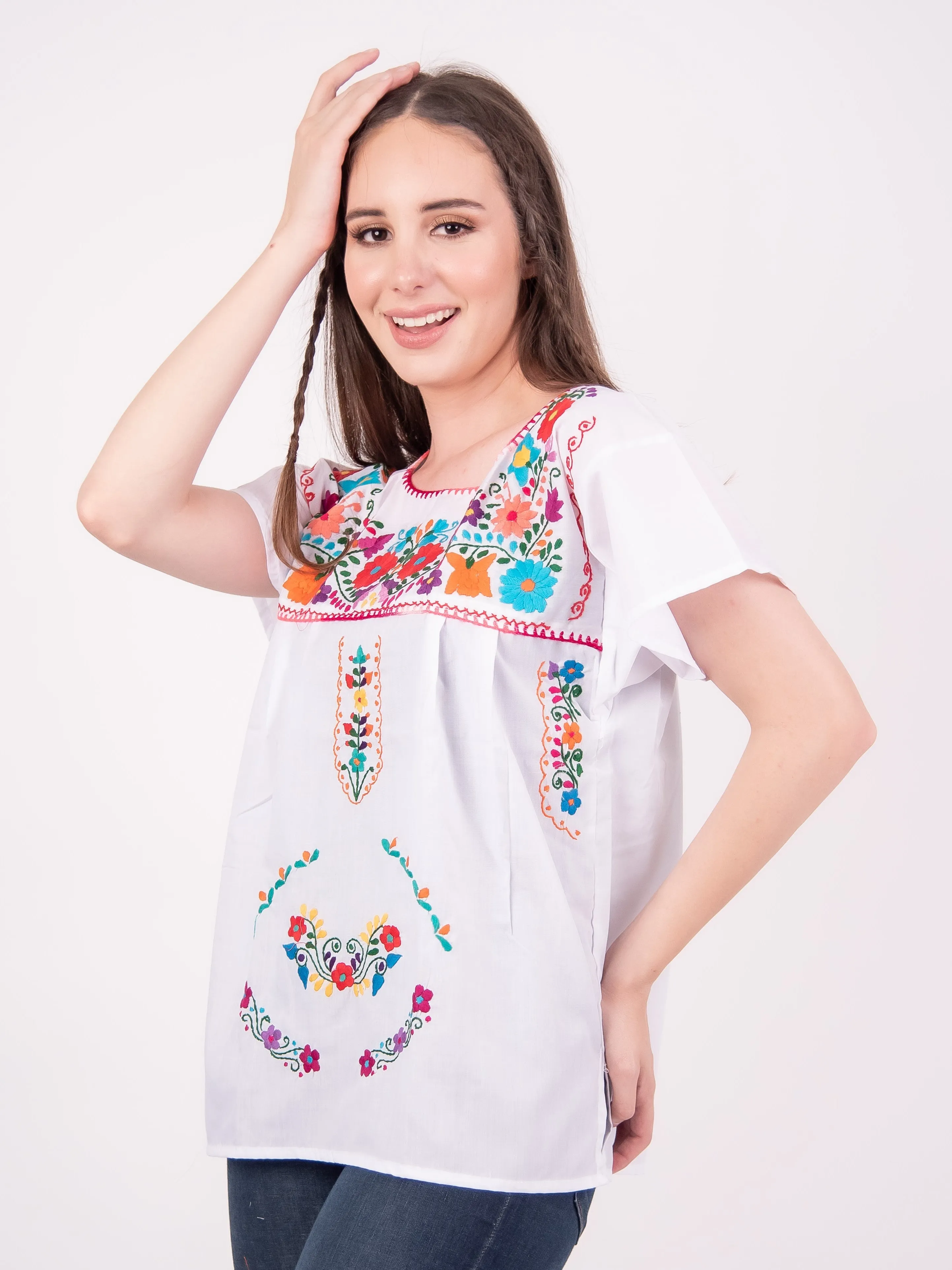 Mexican Tehuacan Full Embroidered Blouse White