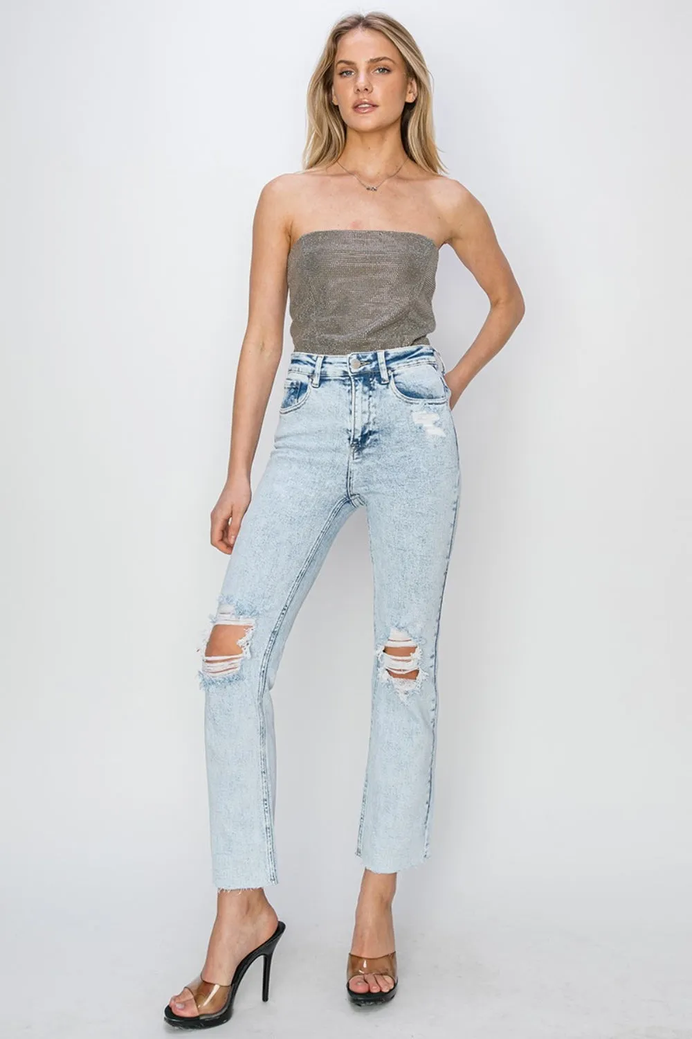 RISEN High Rise Distressed Ankle Jeans