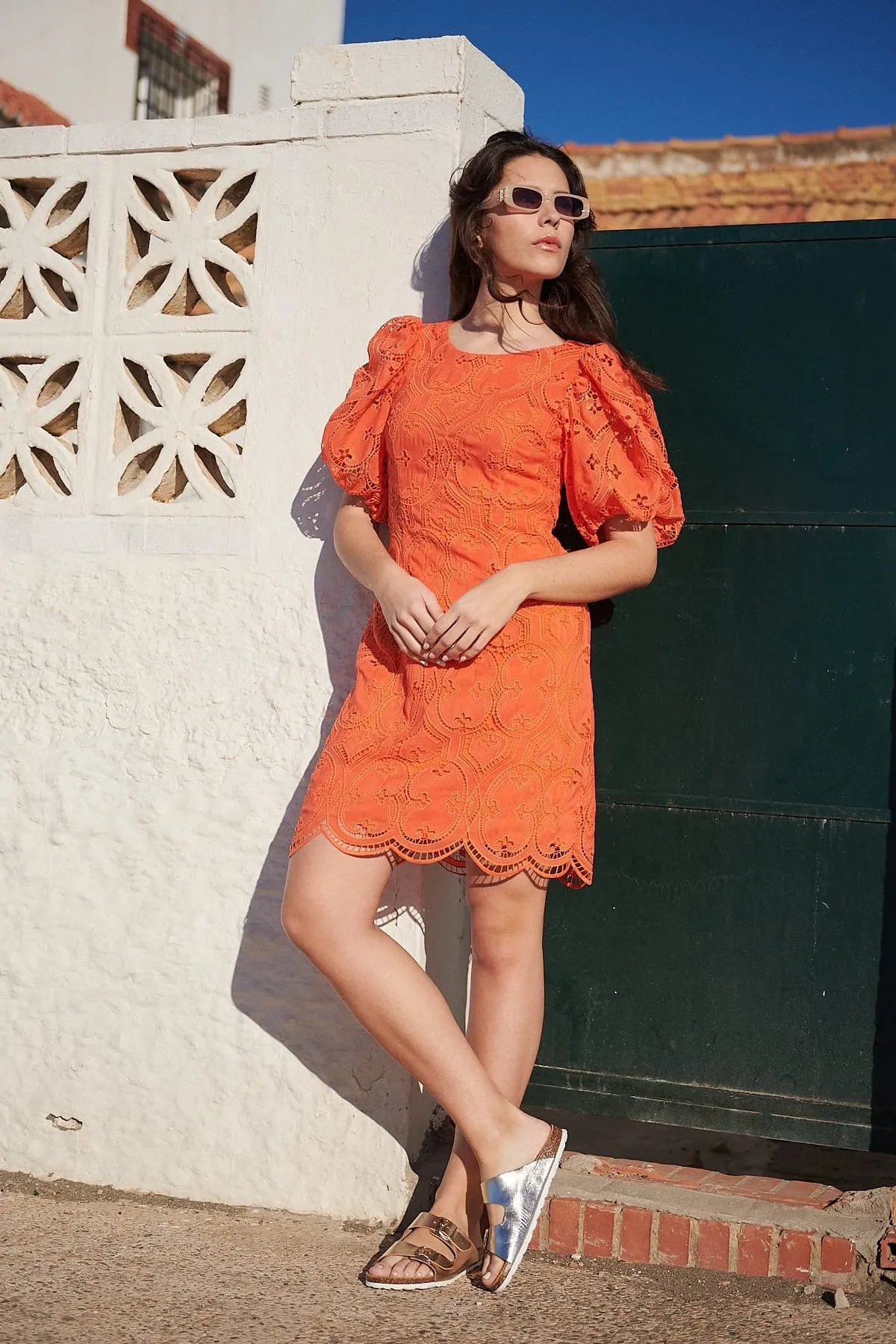 Sacramento Eyelet Dress - Tangerine