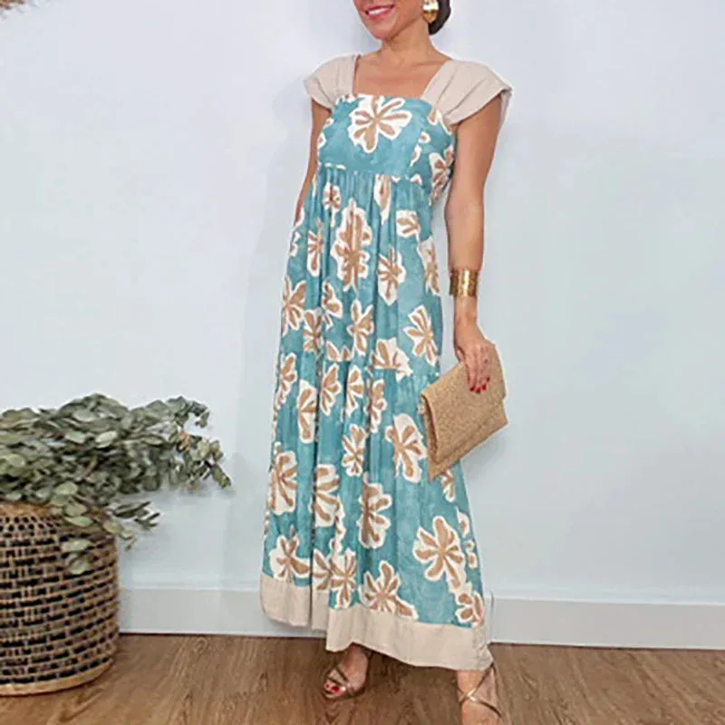 Sexy Square Neck Floral Print Party Pleated Bohemian Elegant Slim Long Summer Lady Dress