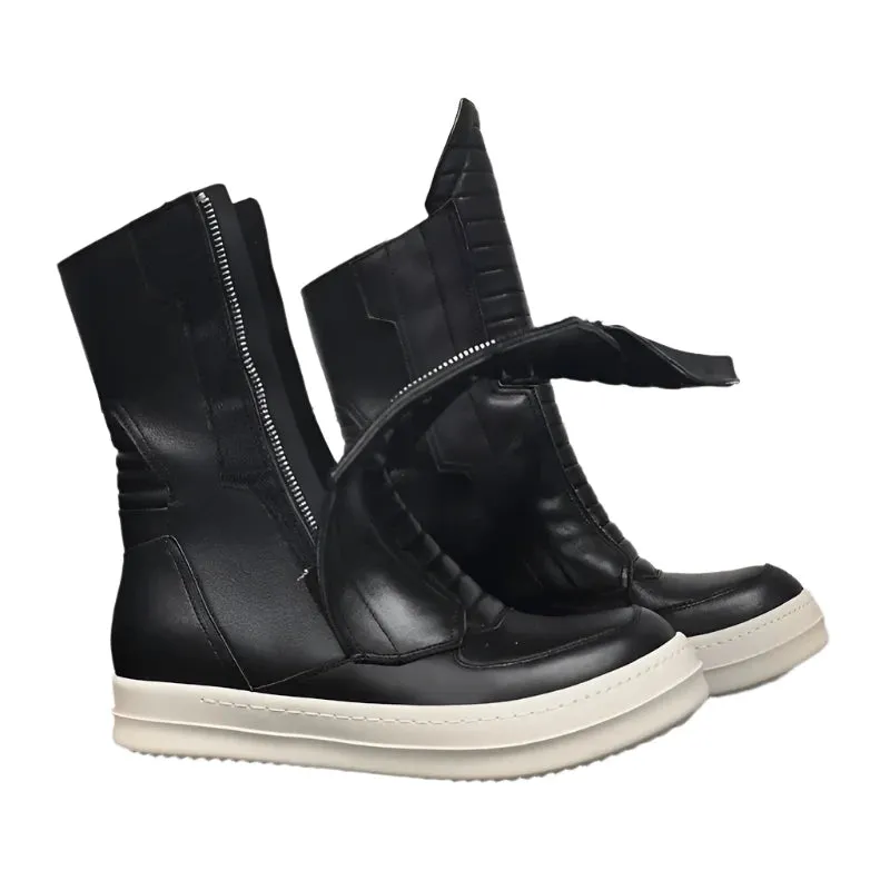 TEEK - Motorcycle Leather Luxury Mid-Calf Zip Flats Boots