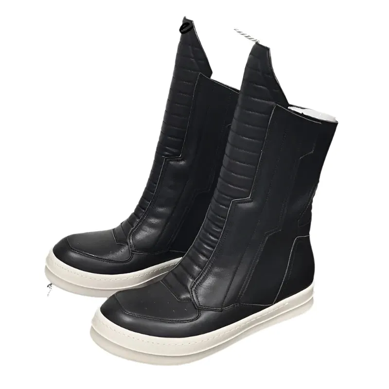 TEEK - Motorcycle Leather Luxury Mid-Calf Zip Flats Boots