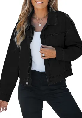 True Black Women's Brief Relaxed Trucker Croped Zip Up Denim Jackets with Pockets