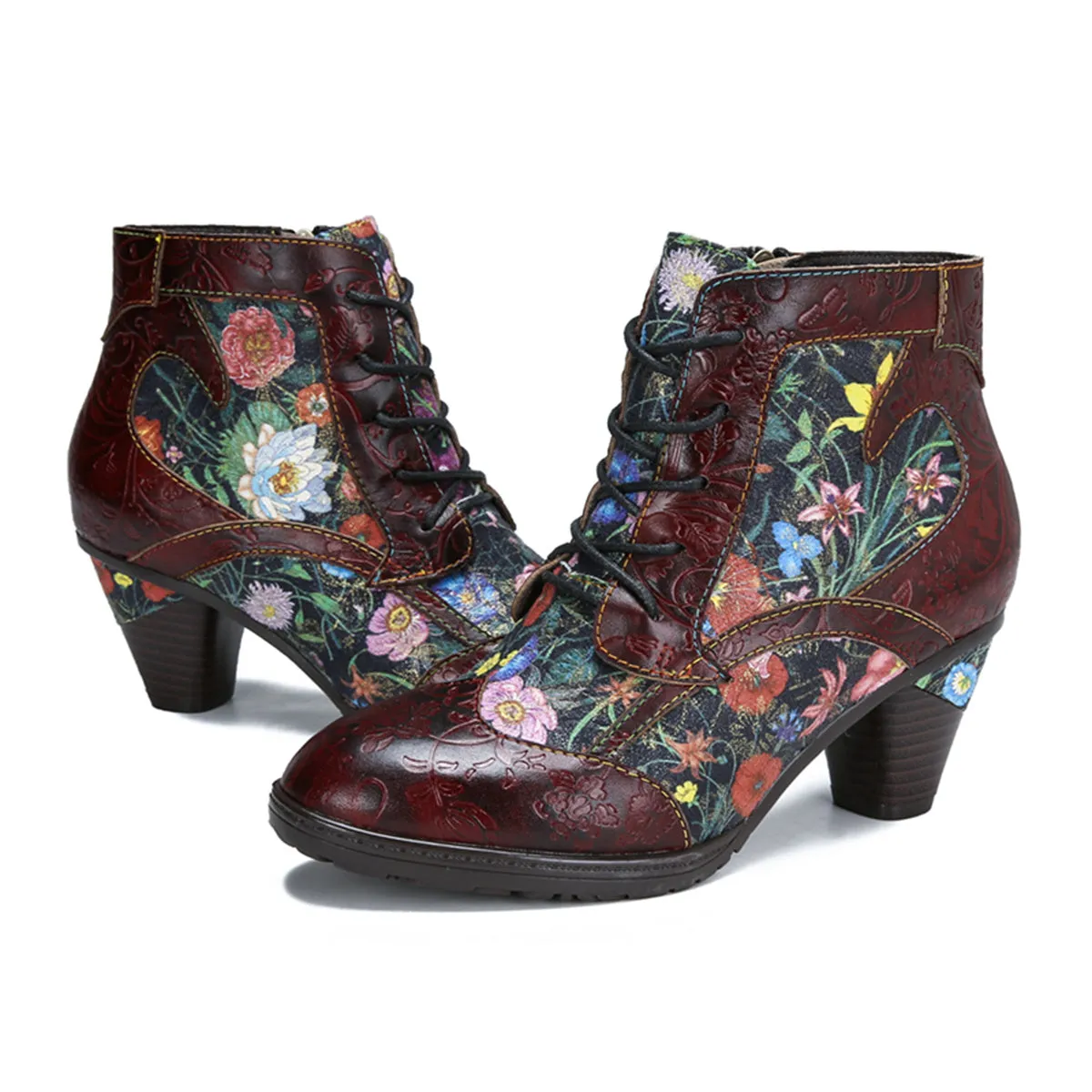 Womens  Leather Ankle Boots Vintage Floral Bootie Dark Red