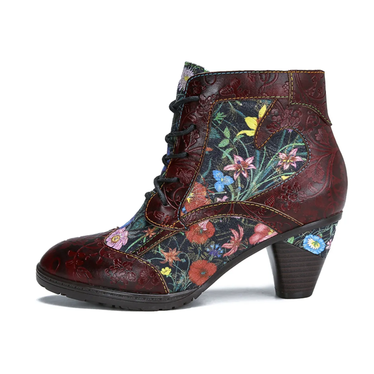 Womens  Leather Ankle Boots Vintage Floral Bootie Dark Red