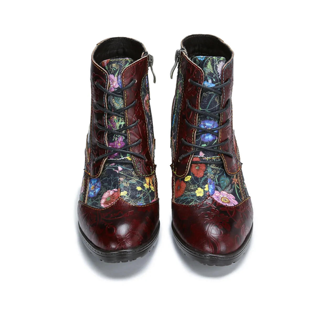 Womens  Leather Ankle Boots Vintage Floral Bootie Dark Red