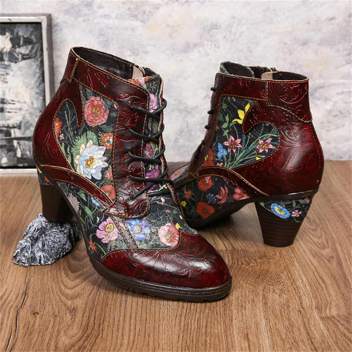 Womens  Leather Ankle Boots Vintage Floral Bootie Dark Red