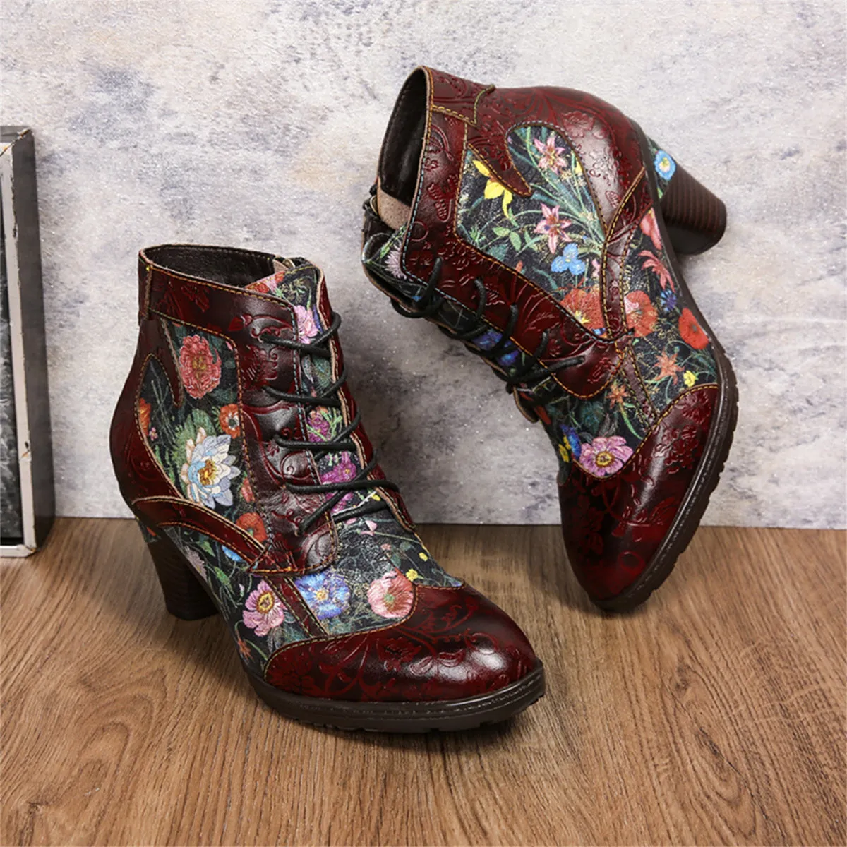 Womens  Leather Ankle Boots Vintage Floral Bootie Dark Red