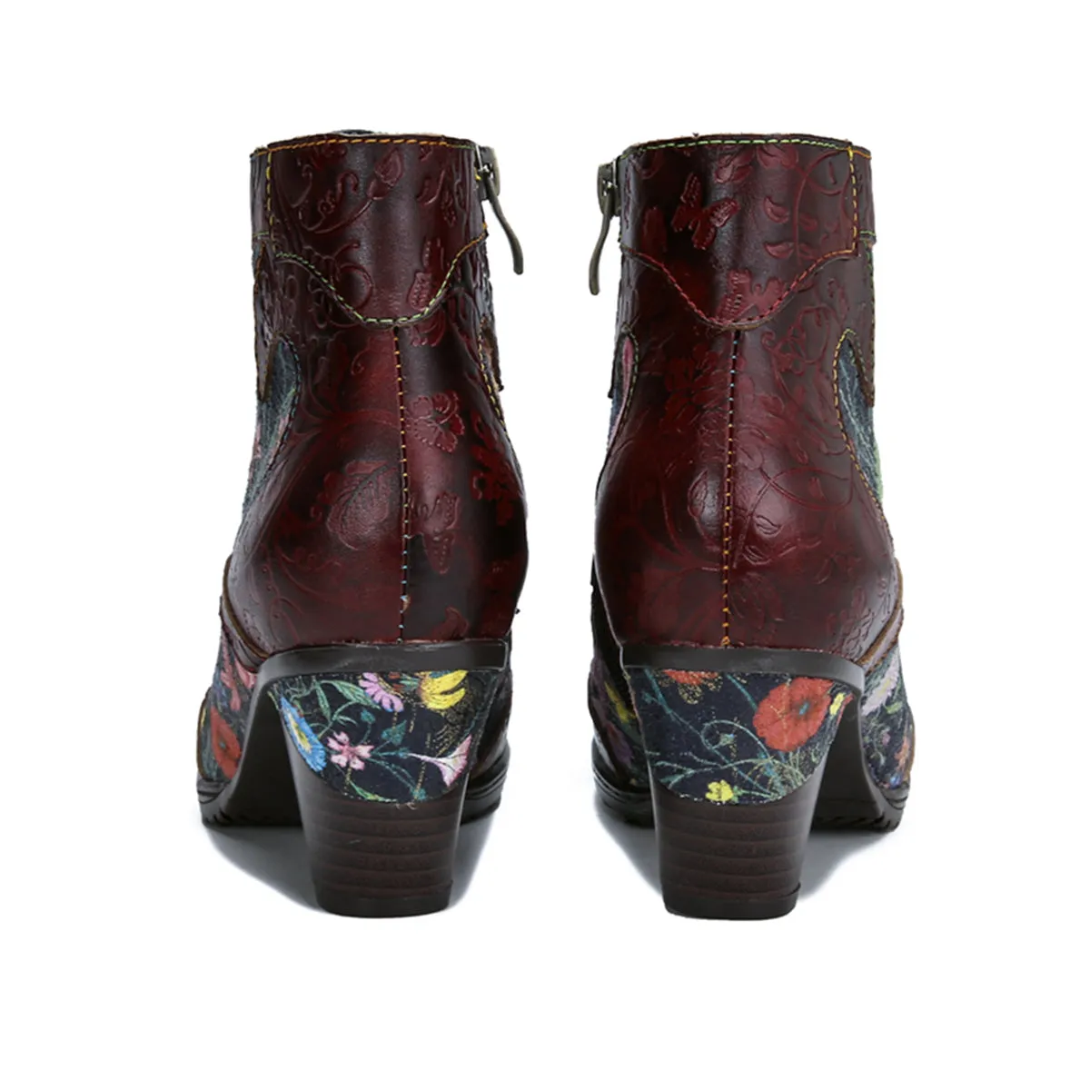 Womens  Leather Ankle Boots Vintage Floral Bootie Dark Red