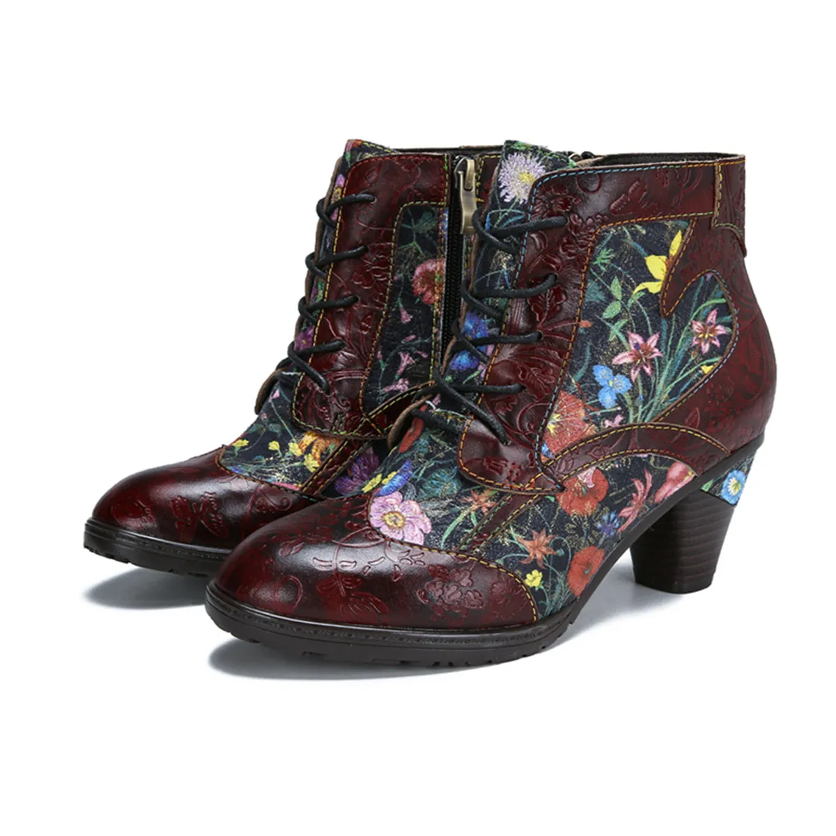 Womens  Leather Ankle Boots Vintage Floral Bootie Dark Red