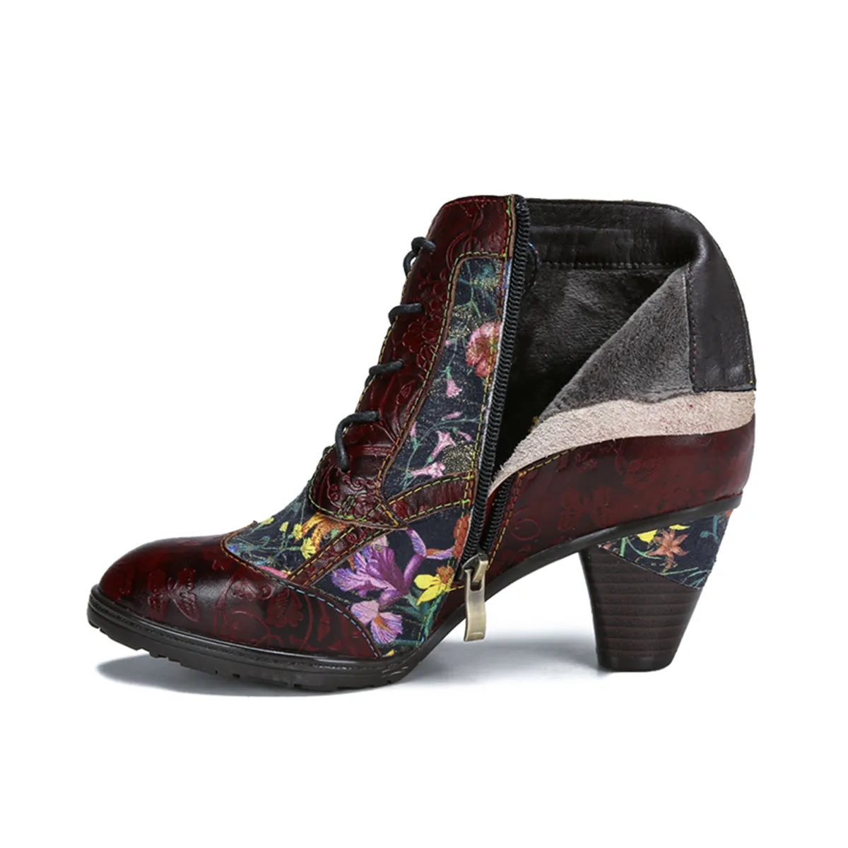 Womens  Leather Ankle Boots Vintage Floral Bootie Dark Red